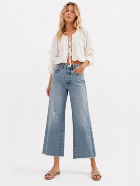 Toteme Flare Fit Denim Jeans High Rise Wide Leg Raw Hem Washed Blue Size 25
